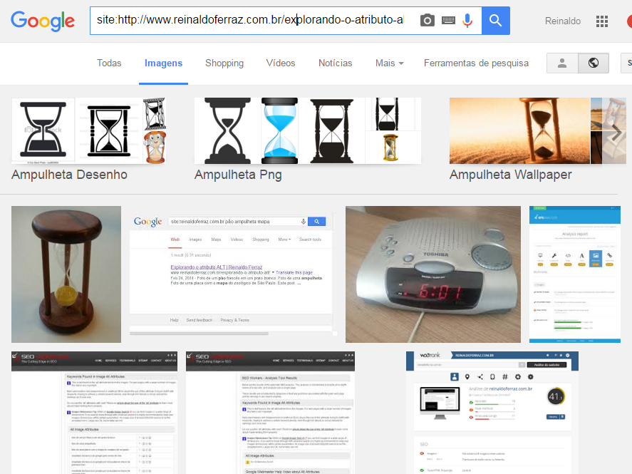Captura de tela do resultado da busca por imagem pela palavra ampulheta. O resultado traz a foto da ampulheta em primeiro lugar