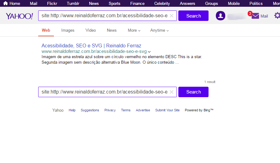 Imagem do resultado da busca no Yahoo pelo termo "estrela azul". O resultado traz o conteúdo dos elementos DESC e TEXT