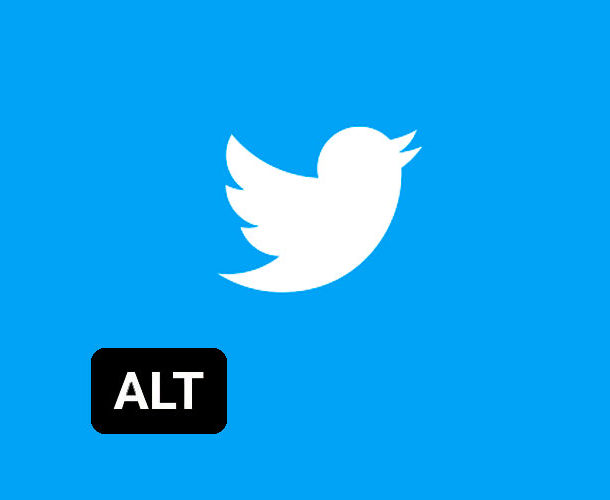 Logo do Twitter em um fundo azul. Abaixo a esquerda há um box escoro com as letras ALT em maiusculo