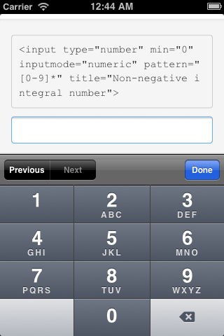 Imagem de uma tela de celular. No topo há um código de campo de formulário com input type=number. Abaixo há o campo de formulário e logo abaixo o teclado numérico do celular