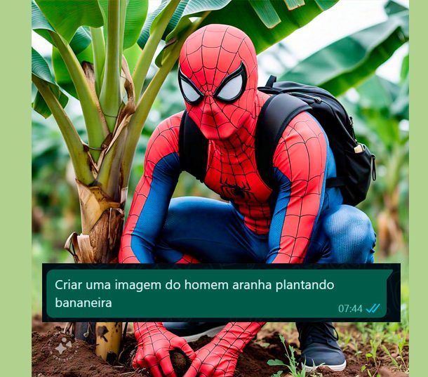 Capa do post com uma foto do homem aranha abaixado plantando um pé de banana. Abaixo uma mensagen de whatsapp com o texto "criar uma imagem do homem aranha plantando babaneira"