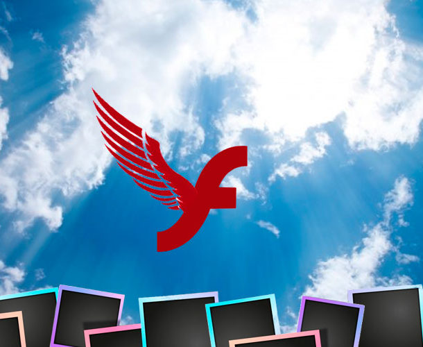 Montagem com o logo do Flash com asas indo em direção ao céu. Abaixo diversas fotografias acompanhando o vôo
