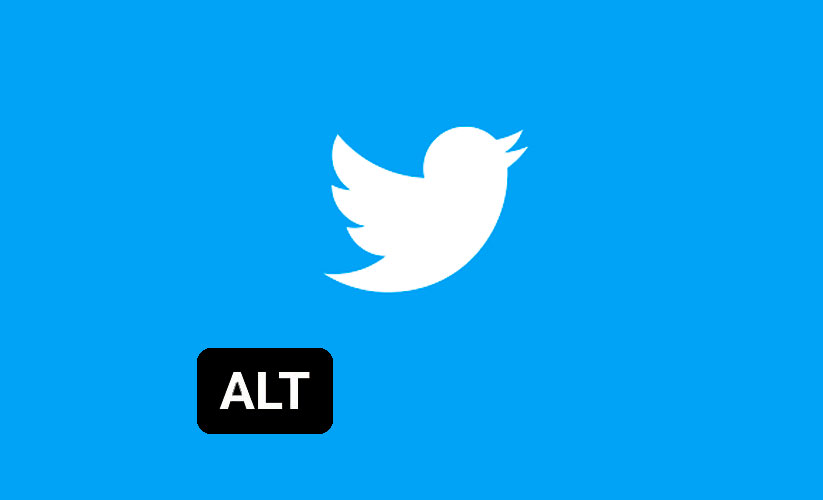 Logo do Twitter em um fundo azul. Abaixo a esquerda há um box escoro com as letras ALT em maiusculo